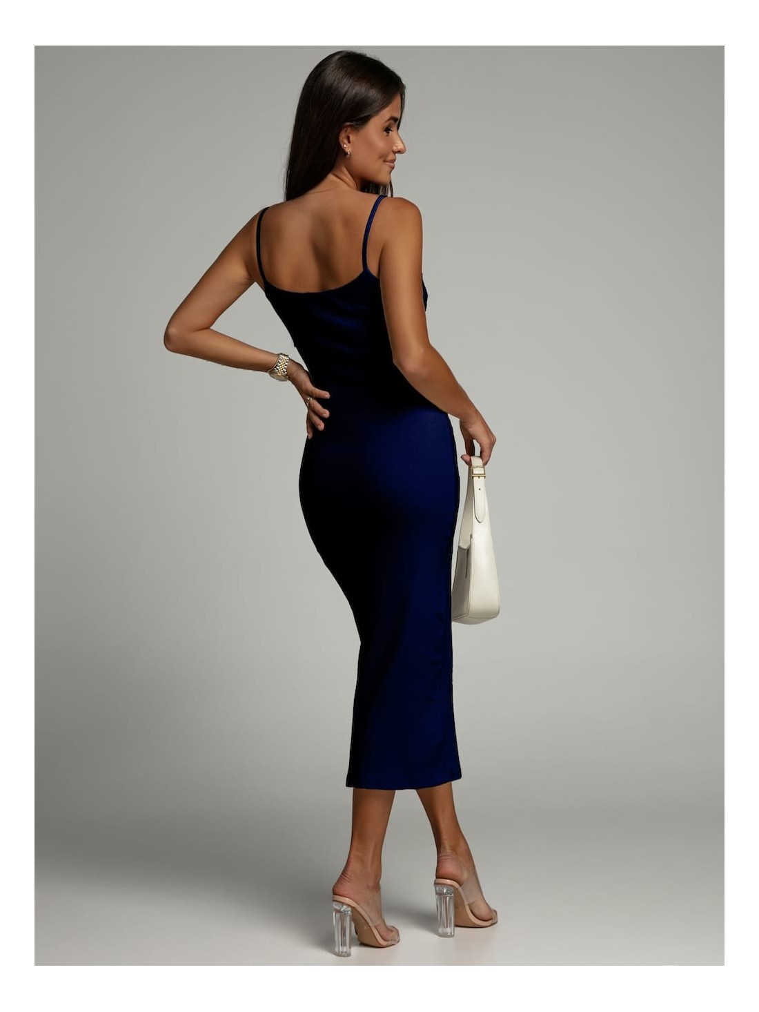 Midi dress with a slit, navy blue FG667 - Online store - Boutique